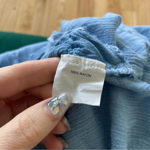 Muche et Muchette Blue Rayon Embroidered Short Sleeve Tie Neck Romper One Size - Picture 8 of 12